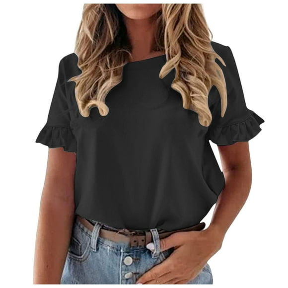 TSADFHJI Ladies Sweatshirts and Hoodies Women's Short Sleeve Casual T Shirts Summer Ruffle Plain Round Neck Loose Fit Tee Blouse Tops S Black