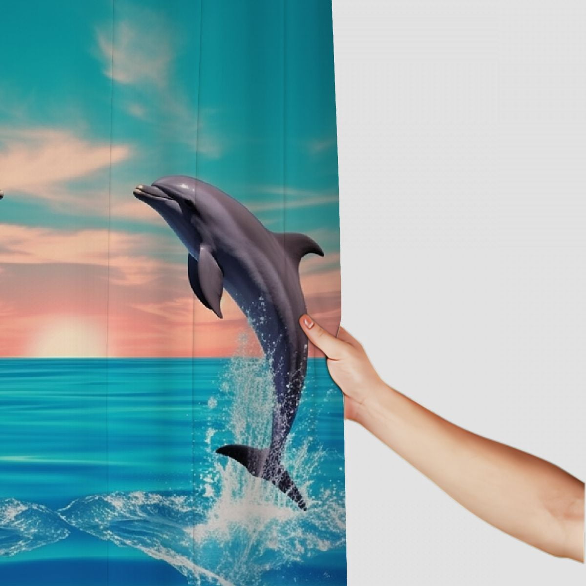 Pratyus Dolphins Water Sky Vaporwave Shower Curtain Set with Hooks, Waterproof Polyester Bathroom Decor, Various Sizes 69"x72