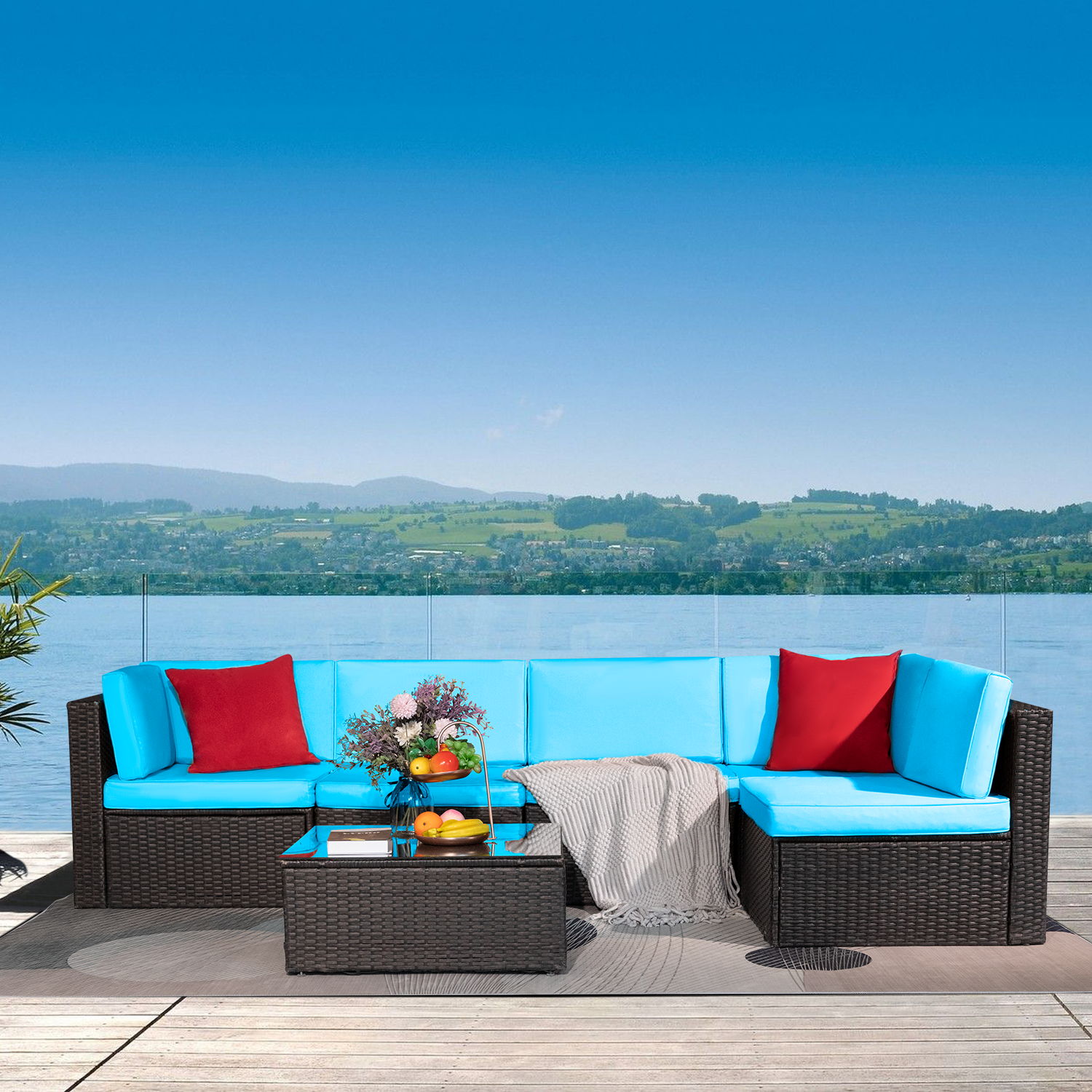 Lacoo 6 Pieces Outdoor Indoor Sectional Sofa Set PE Wicker Rattan Sectional Seating Group with Cushions Blue - image 2 of 8
