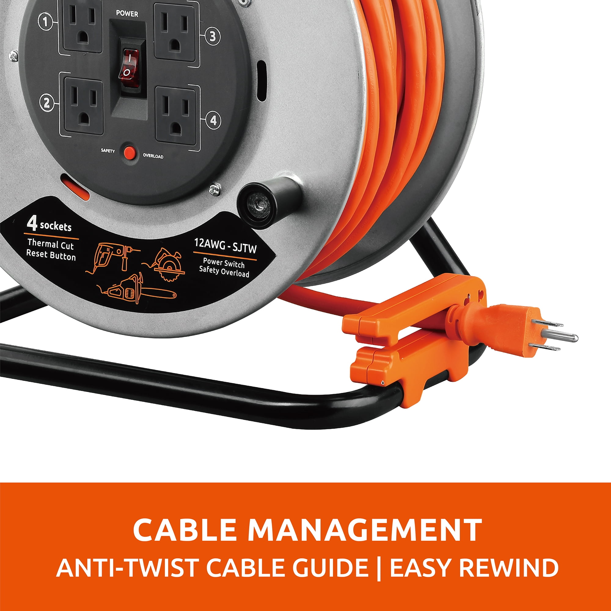 Link2Home 75 Ft Contractor Extension Cord Reel, 12AWG, 4 Outlets