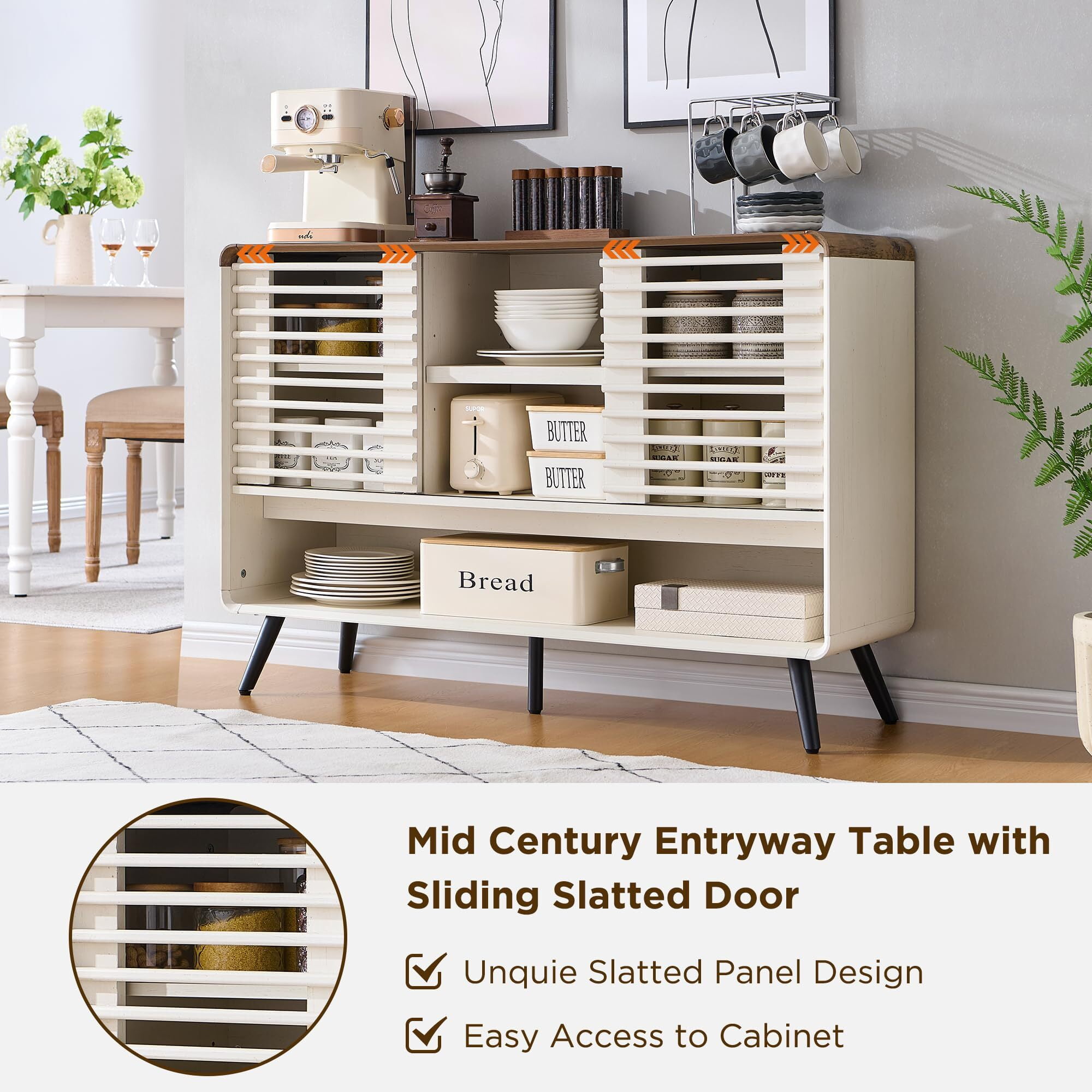 OKD 46" Entryway Table with Sliding Slatted Door, Mid Century Modern Wood Console Table Adjustable & Open Storage Shelf, Console Table for Hallway, Foyer, Living Room, Antique White
