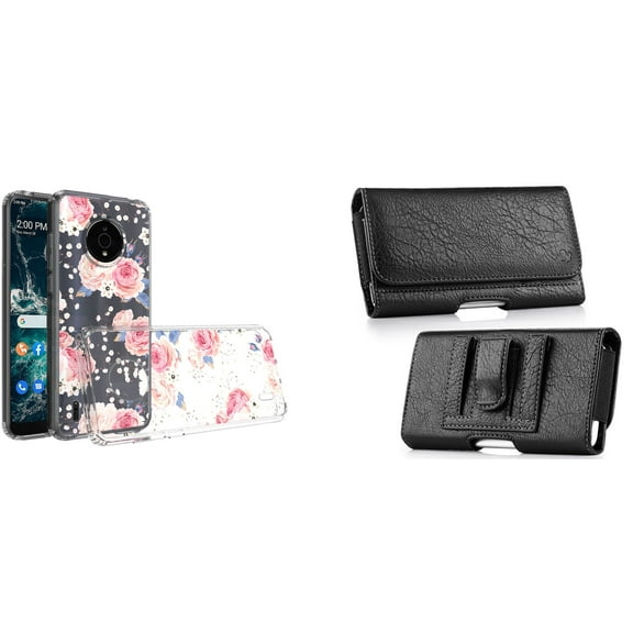 Case and Pouch Bundle for Nokia C200: Slim Series TPU Protector Case (Vintage Pink Floral) and PU Leather Coin Card Wallet Belt Holster