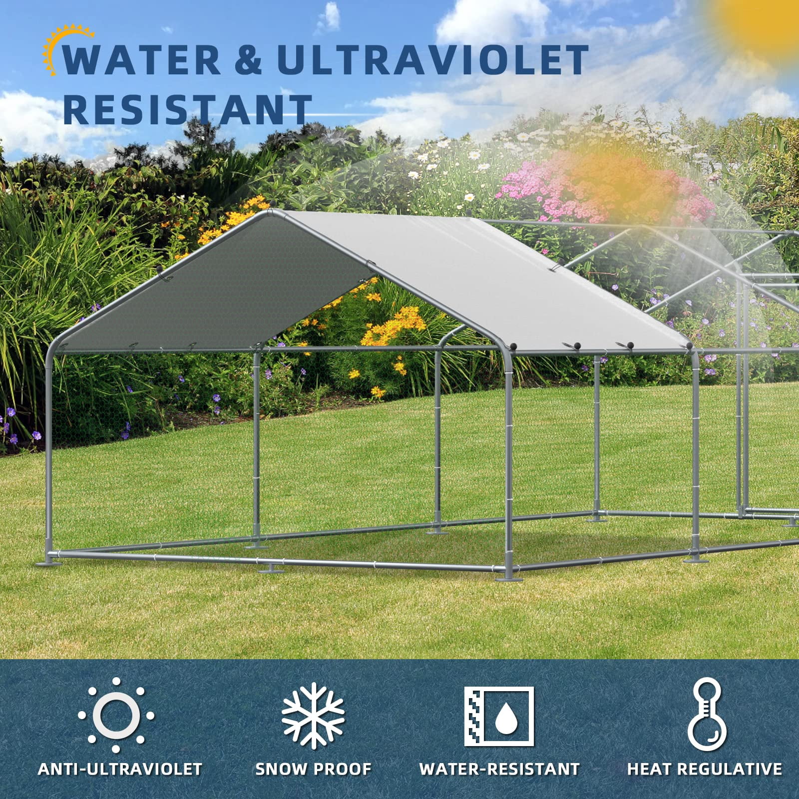 Large Metal Chicken Coop Walk-in Poultry Cage Hen Run House Duck House Rabbits Habitat Cage Spire Shaped Coop with Waterproof and Anti-Ultraviolet Cover for Outdoor Backyard Farm Use