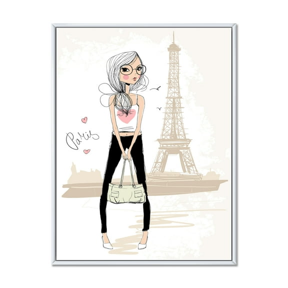 Designart 'Cute Girl By The Tour Paris Eiffel Tower' Children's Art Framed Canvas Wall Art Print