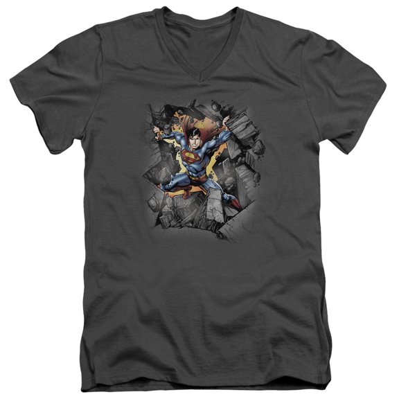 Superman Break On Through Adult V-Neck T-Shirt Charcoal