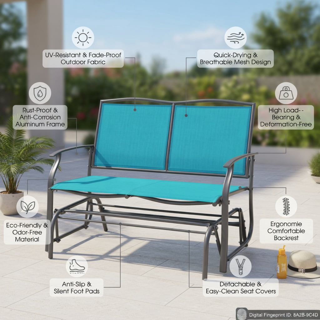 Hommoo Iron Outdoor Rocking Loveseat, Heavy-Duty Steel & Textilene Patio Chair for Backyard, Deck or Porch, 2-Person Relaxation Rocker, Turquoise