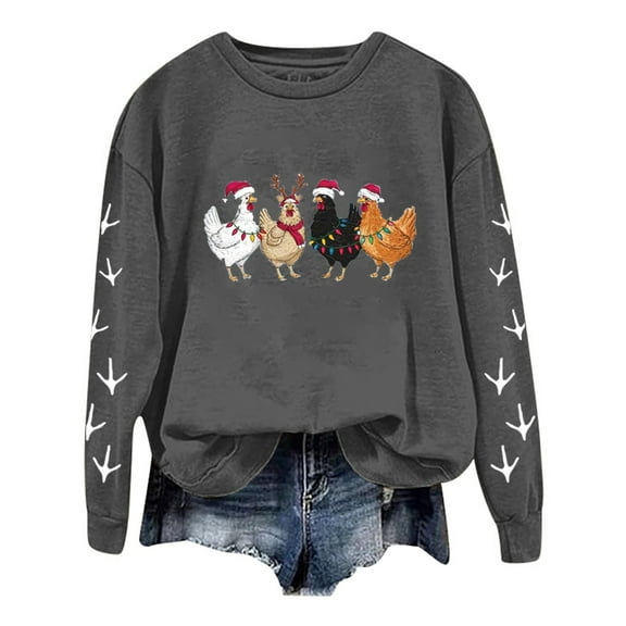 ZXLBBD Christmas Oversize Women Long Sleeve Crewneck Sweatshirts Chicken Printed Lightweight Sweatshirts Top Casual Outdoor Relaxed Fit Daily Wear