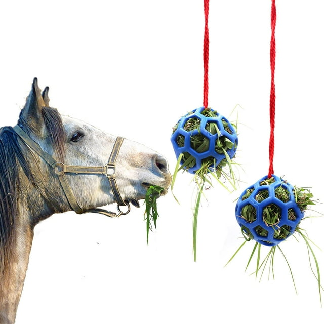 Bola de heno para caballos, cabras, ovejas, alivio del estrés, paquete de 2 (azul) para mantener ocupado al caballo o la cabra y aliviar el estrés