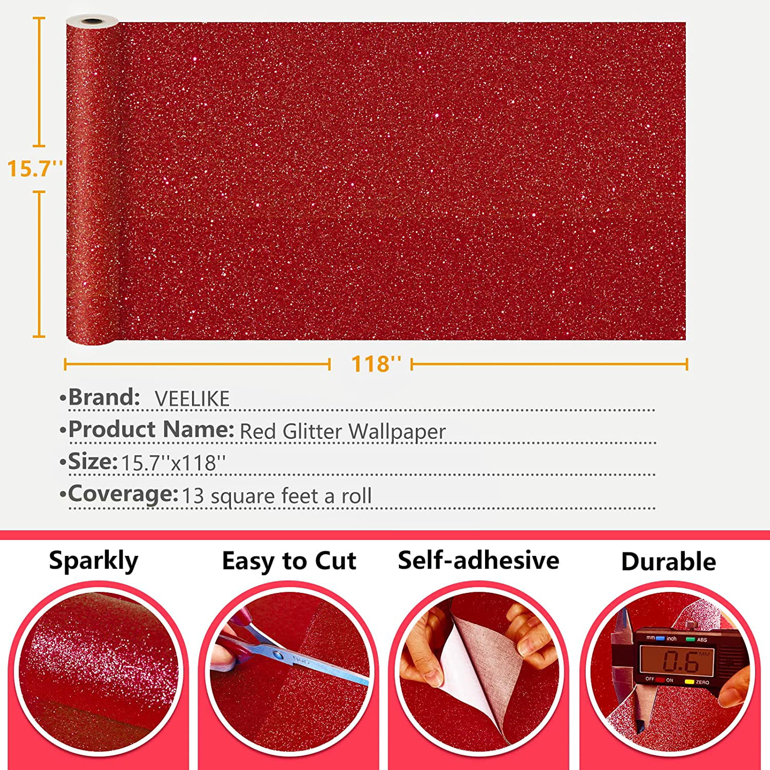 VEELIKE 15.7''x354'' Red Glitter Wallpaper Peel and Stick Gliiter Contact Paper Red Sparkle Self Adhesive Decorative Removable Glitter Fabric Wall