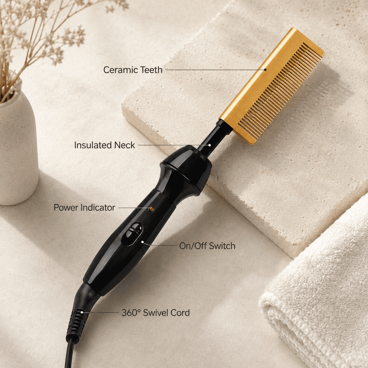 Ceramic Electrical Pressing Comb,Black & Gold