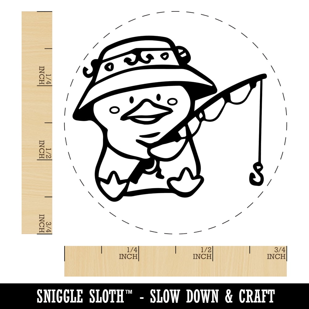 Fishing Duck Rod Bucket Hat Self-Inking Rubber Stamp Ink Stamper - Brown Ink - Small 3/4 Inch