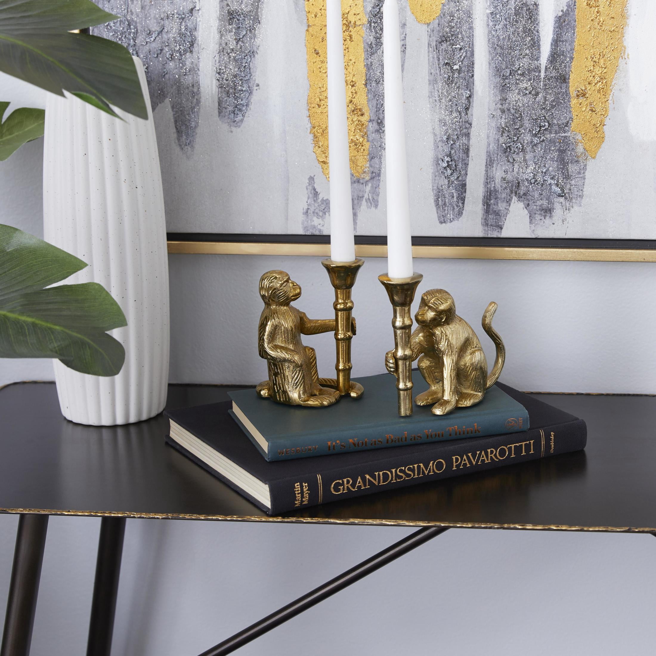 DecMode 2 Candle Gold Aluminum Metal Monkey Candle Holder, Set of 2