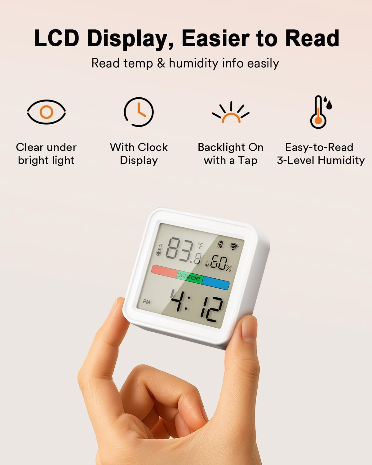 Lumary Smart Thermometer Hygrometer WiFi Bluetooth App Alert Led Display Digital Indoor Sensor 2.17 Inch 1 Pack