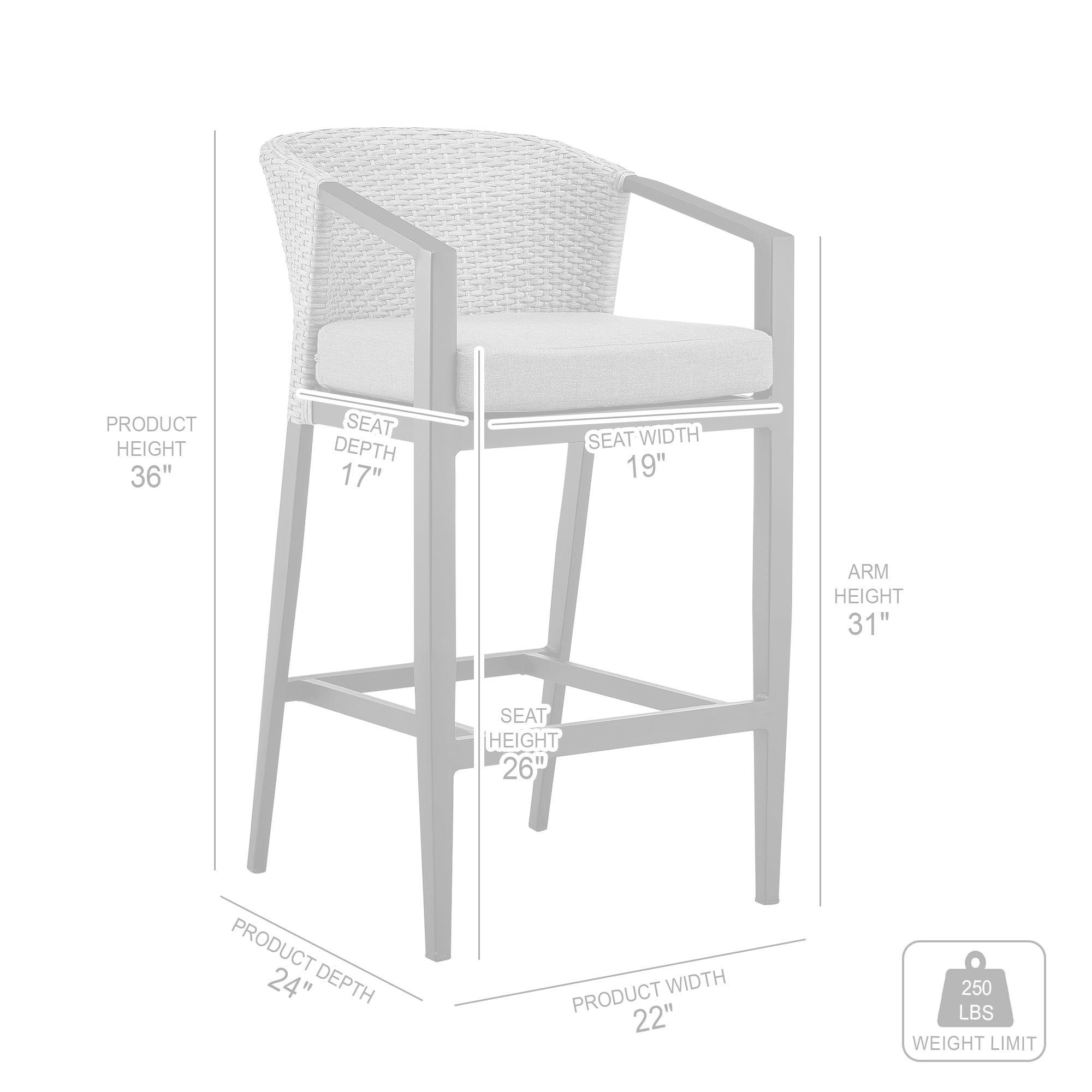 Palma Outdoor Patio Counter Height Bar Stool in Aluminum and Wicker with Gray Cushions - Set of 2
