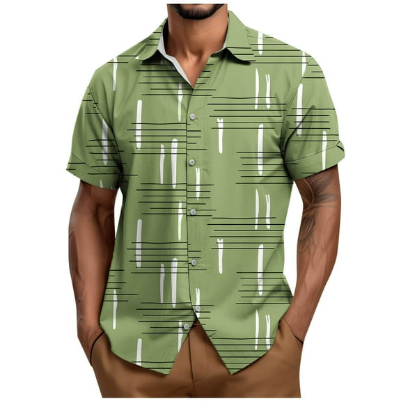 ZCFZJW Mens Hawaiain T-Shirts Casual Summer Short Sleeve Striped Color Block Printed Button Down Graphic Beach Shirts Loose Regular Fit Cotton Tees Tops Blue M