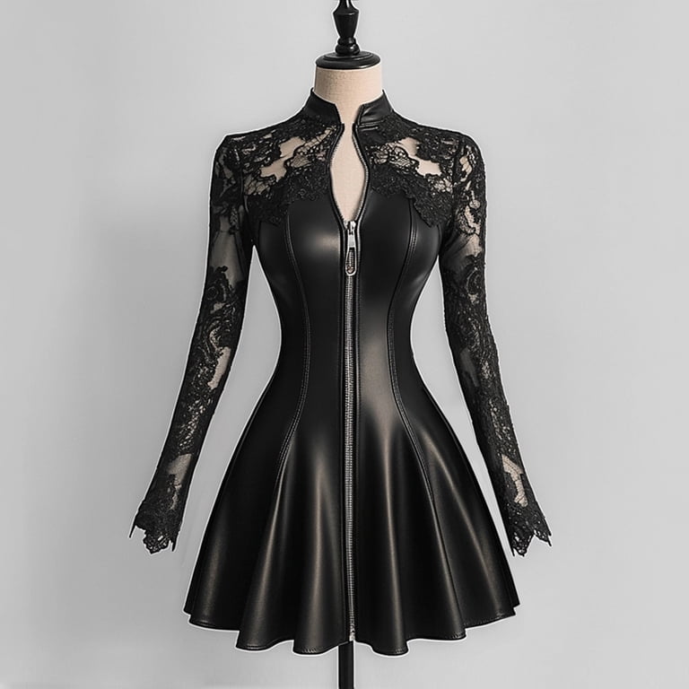 leather dress with lace sleeves Lace Up Faux Leather Mini Dress - Black