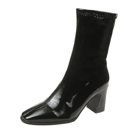 

nsendm Women Leather Boots Size 9.5 Ladies Fashion Solid Color Bright Leather Square Toe Womens Boots Heels Black 7.5