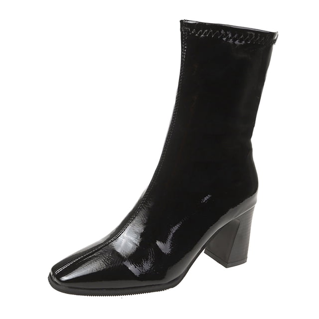 NECHOLOGY Botas Mujer Adulto Femenino Zapatos Botines para mujer Botas gruesas de tacón con punta cuadrada de cuero de color liso para mujer (Black, 7.5)