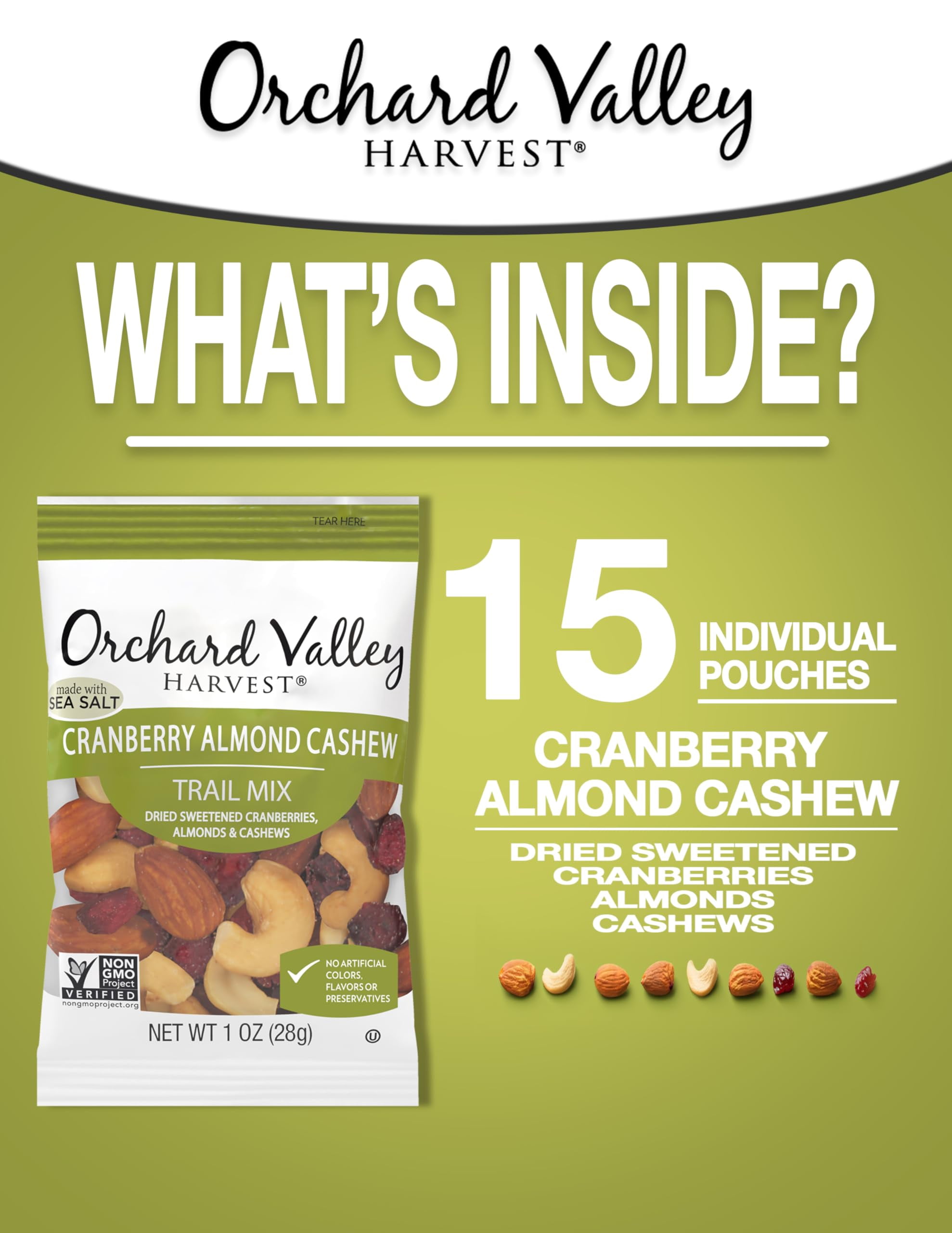 Orchard Valley Harvest Cranberry Almond Cashew Trail Mix, 1 Ounce Bags (Pack of 15), Cranberries, Almonds, and Cashews, Non-GMO, No Artificial Ingredients