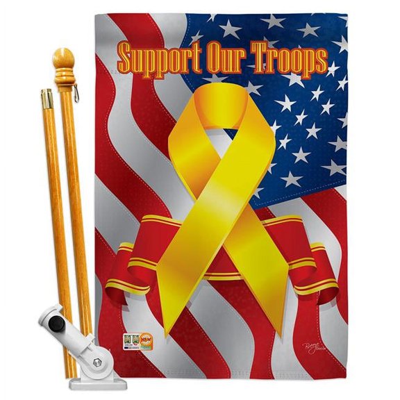 Breeze Decor BD-MI-HS-108059-IP-BO-D-IM10-BD 28 x 40 in. Support Our Troops Americana Military Impressions Decorative Vertical Double Sided House Flag Set with Pole Bracket Hardware
