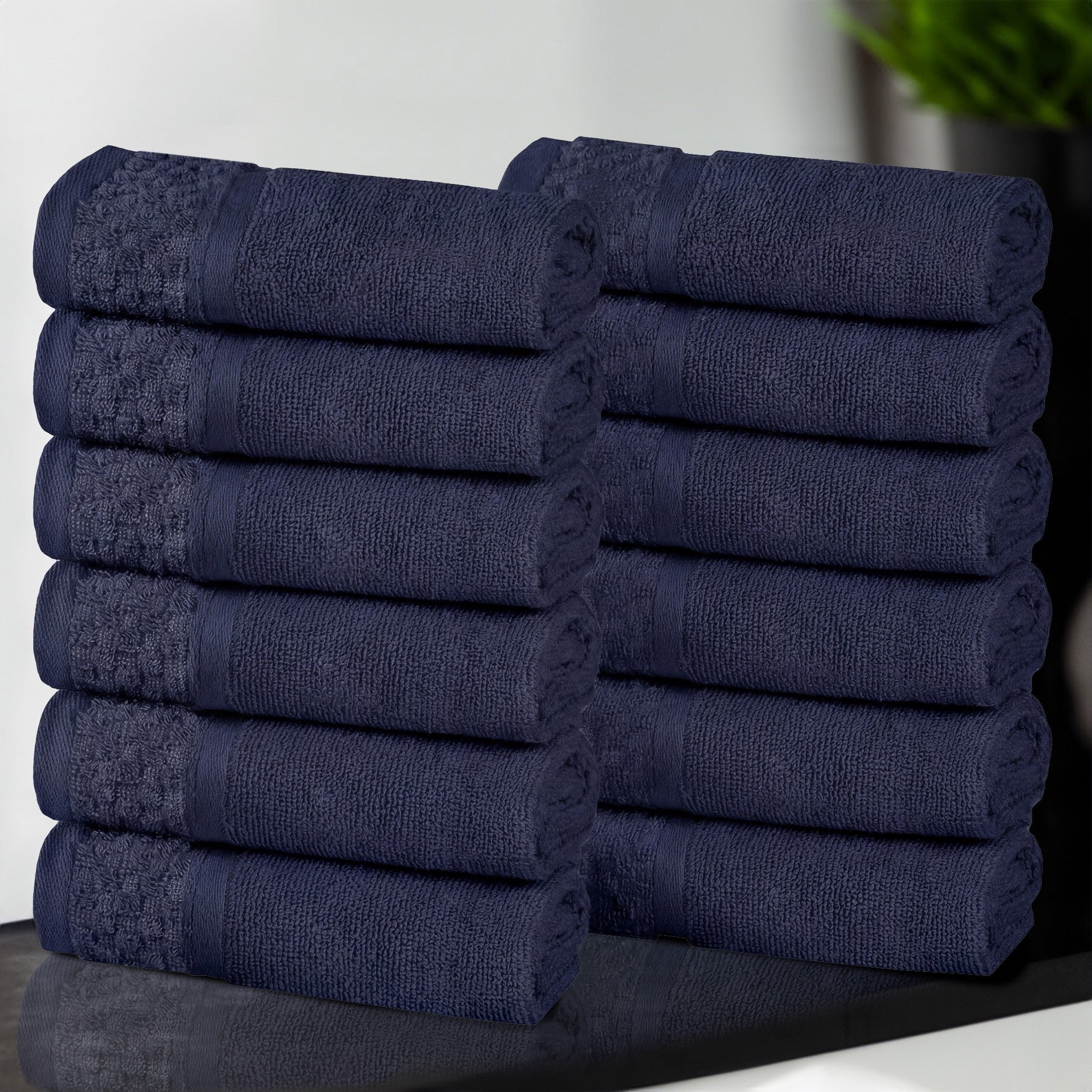 Superior Modern Cotton 12 Piece Washcloth and Face Towel Set Solid, Navy Blue