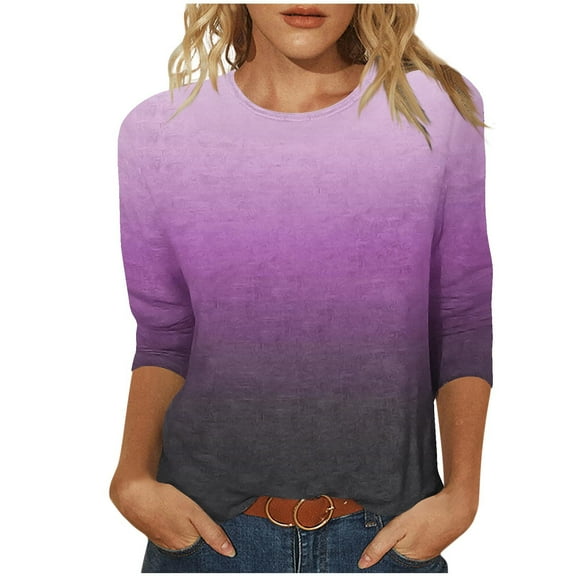 YUGYXL Gradient Color Shirts for Women 3/4 Sleeve Tshirts Plus Size Tops Lounge Crew Neck Lightweight Cozy Tees Ladies Tunics Fit Clothes
