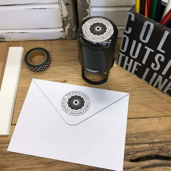 Personalized Round Self-Inking Rubber Stamp - Jones Flower