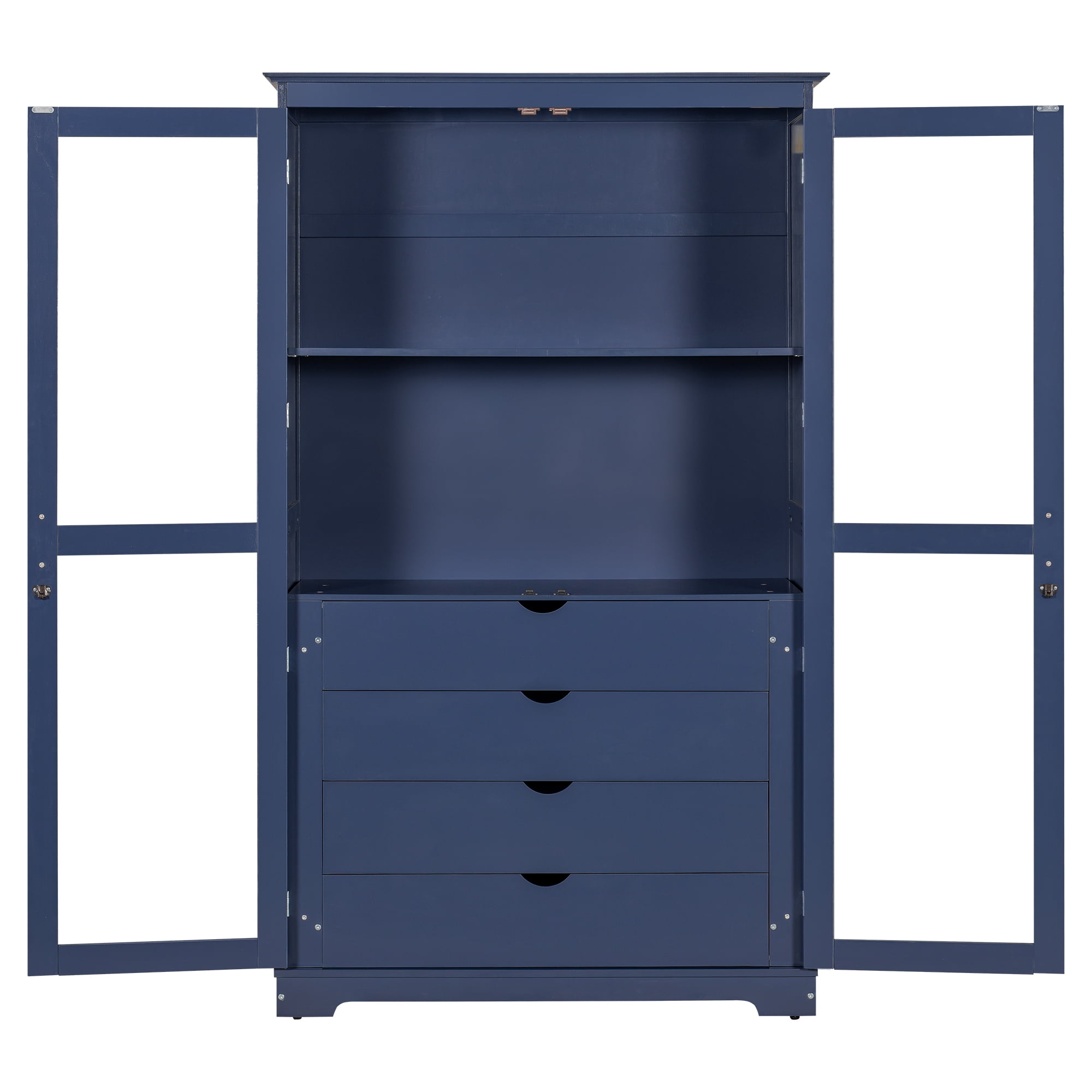 Euroco Extra Large Solid Pine Wood Kitchen Pantry Cabinet with Glass Doors, 4 Drawers & Adjustable Shelf, Freestanding Storage Cabinet – 44.7"W