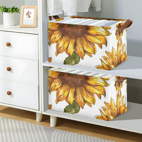Sunflower in White Foldable Storage Large Fabric Storage Baskets Organizer Storage Bins with Handles for Shelves