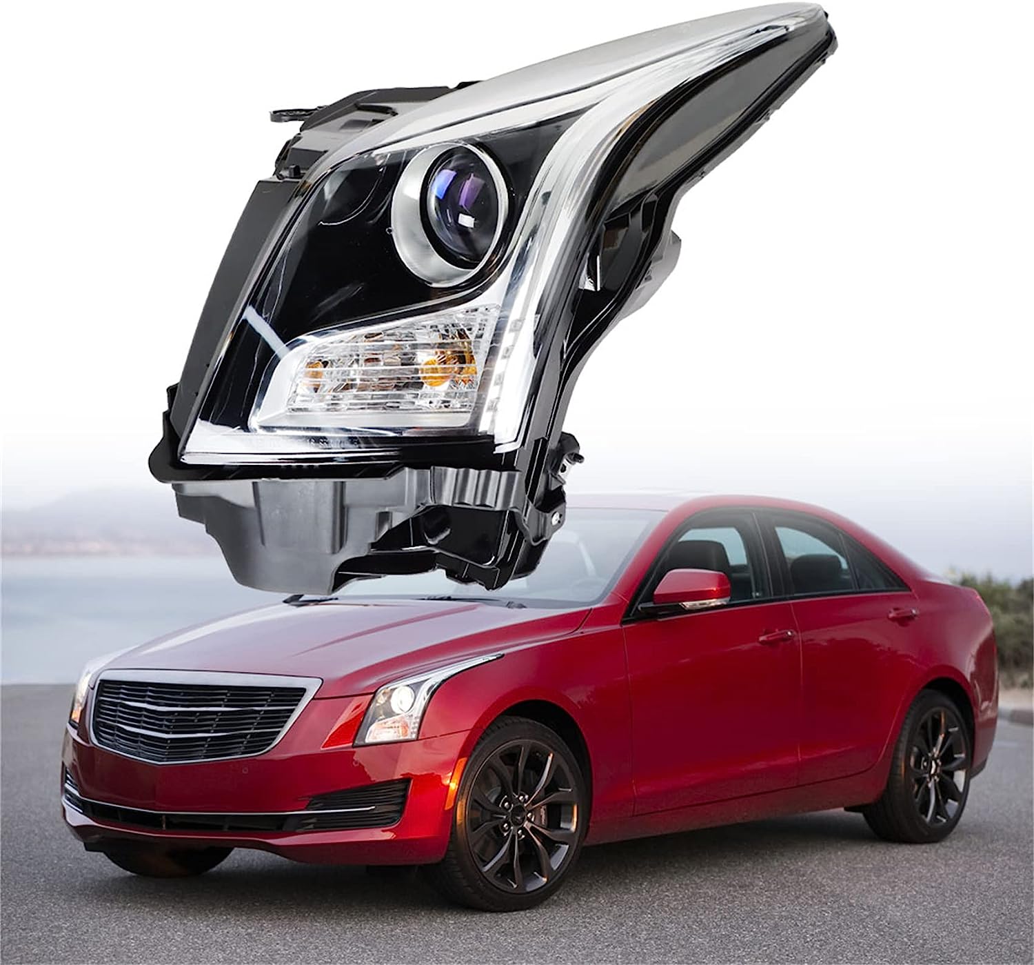 Pair Halogen Headlight Assemblies For Cadillac ATS 2013-2018, Projector, Chrome