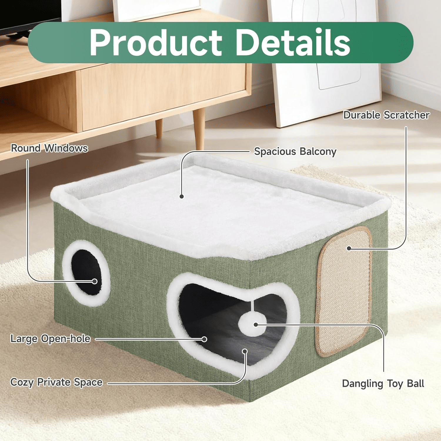 Cat Beds for Indoor Cats, Extra Wide Large Cat House for Pet Cat Cave with Scratch Pad and Fluffy Hanging Ball,Foldable Cat Cube Hideaway,Green