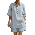thumbnail image 2 of Favoffer Womens Linen Blend Sets Lapel Button Top Elastic Waist Pocketed Shorts Solid Color Casual 2 Piece Outfits for Vacation Beach Shopping Weekend, 2 of 7