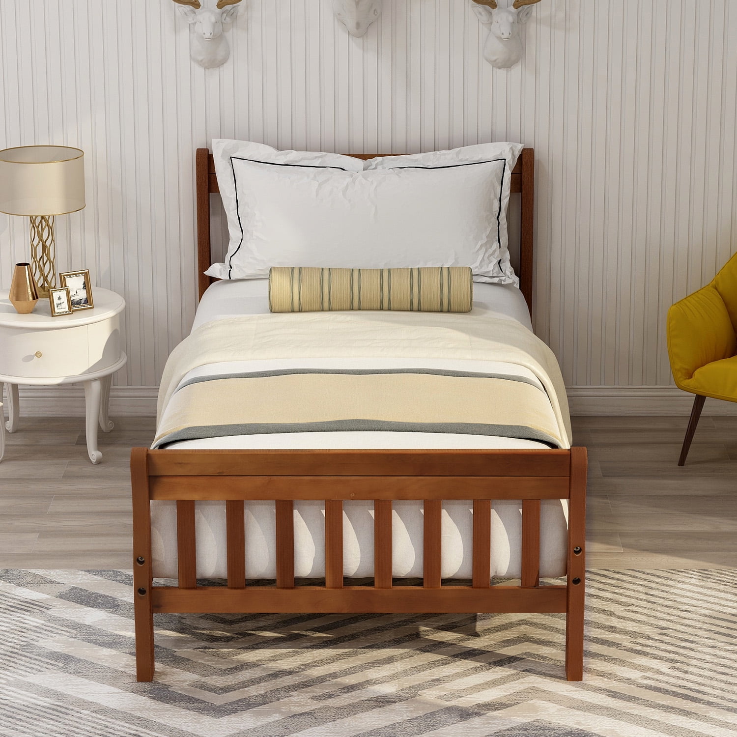 Twin Size Platform Bed with Wood Slat Support, Wooden Platform Bed