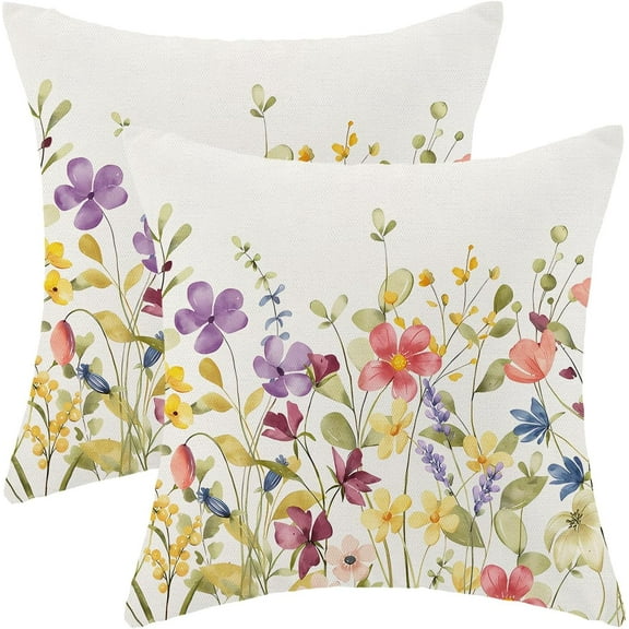 Spring Pillow Covers 16x16 Inch Set of 2, Colorful Wild Flower Leaves Plant Throw Pillows Case,Seasonal Floral Outdoor Decorative Farmhouse Decor Cushion Covers for Home Sofa Bed Couch