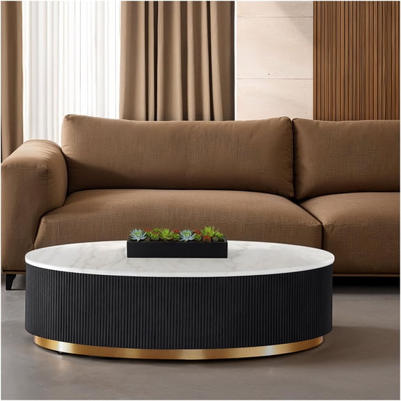 JERFIT Modern Oval Coffee Table with Genuine Marble Top, Gold Reeded Plinth Base for Living Room, Black White Cocktail Table