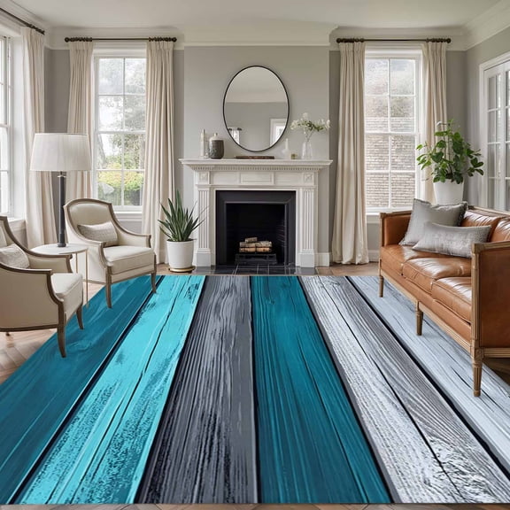 6'x9' Area Rugs, Farmhouse Aqua Blue Grey Indoor Outdoor Area Rug for Living Room Bedroom, Country Vintage Wooden Washable Bathroom Rugs Kitchen Floor Carpet Mats Home Decor Aesthetic