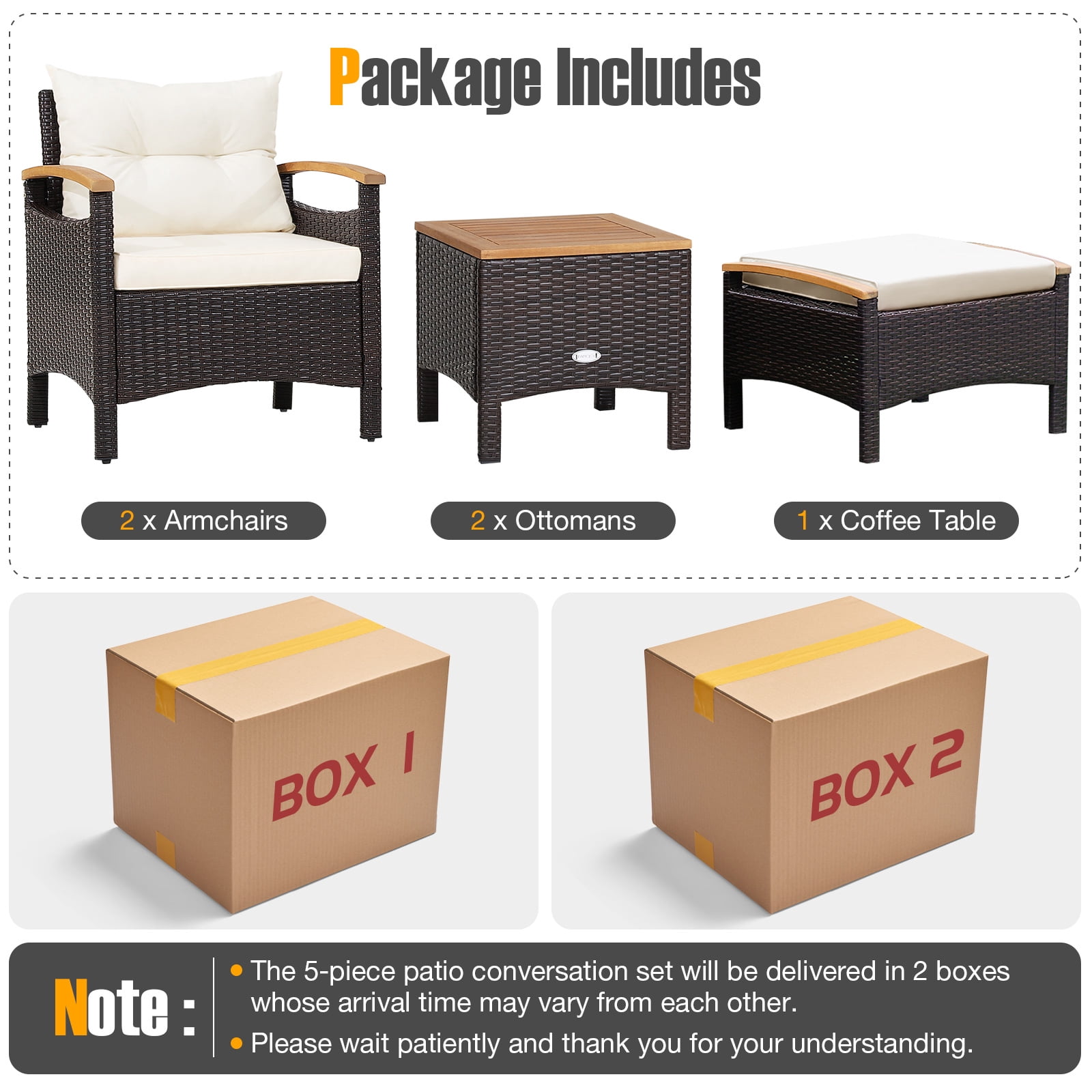 BLACK JAGUAR Outdoor Patio 5PCS Rattan Conversation Furniture Set Acacia Wood Frame Chair with Coffee Table & 2 Ottomans for Backyard&Poolside