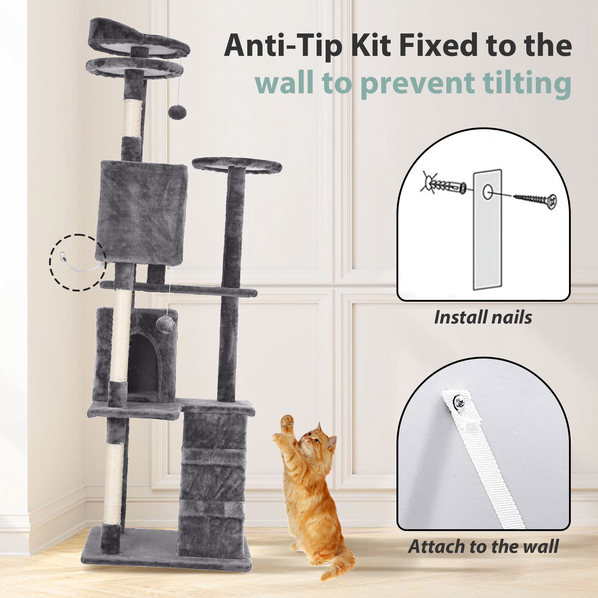 CL.HPAHKL 54-Inch Large Cat Tower with 3 Scratching Posts, Tall Cat Tree Tower with Big Cat Condo for Indoor Cat Plush Multi-Level Cat Condo with Hanging Toy for Kittens Pet House Play, Ashy