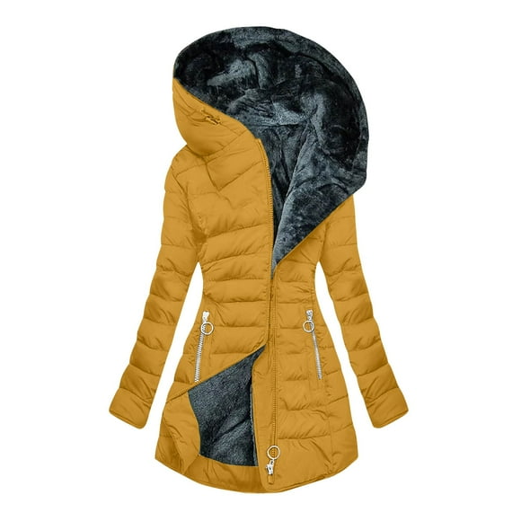 Atogsazn Womens Winter Coats Long Length Sherpa Fleece Lined Warm Hooded Jackets Windproof Outerwear with Pockets Yellow Fashion