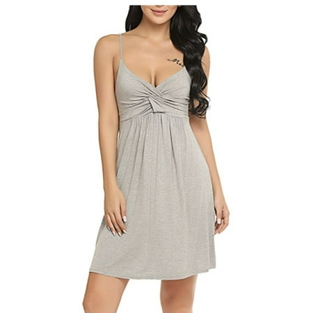 

OUTAD Solid Color Comfortable Sleepwear Sexy Deep V-neck Sling Nightdress with Special Pleated Details on Chest for Female
