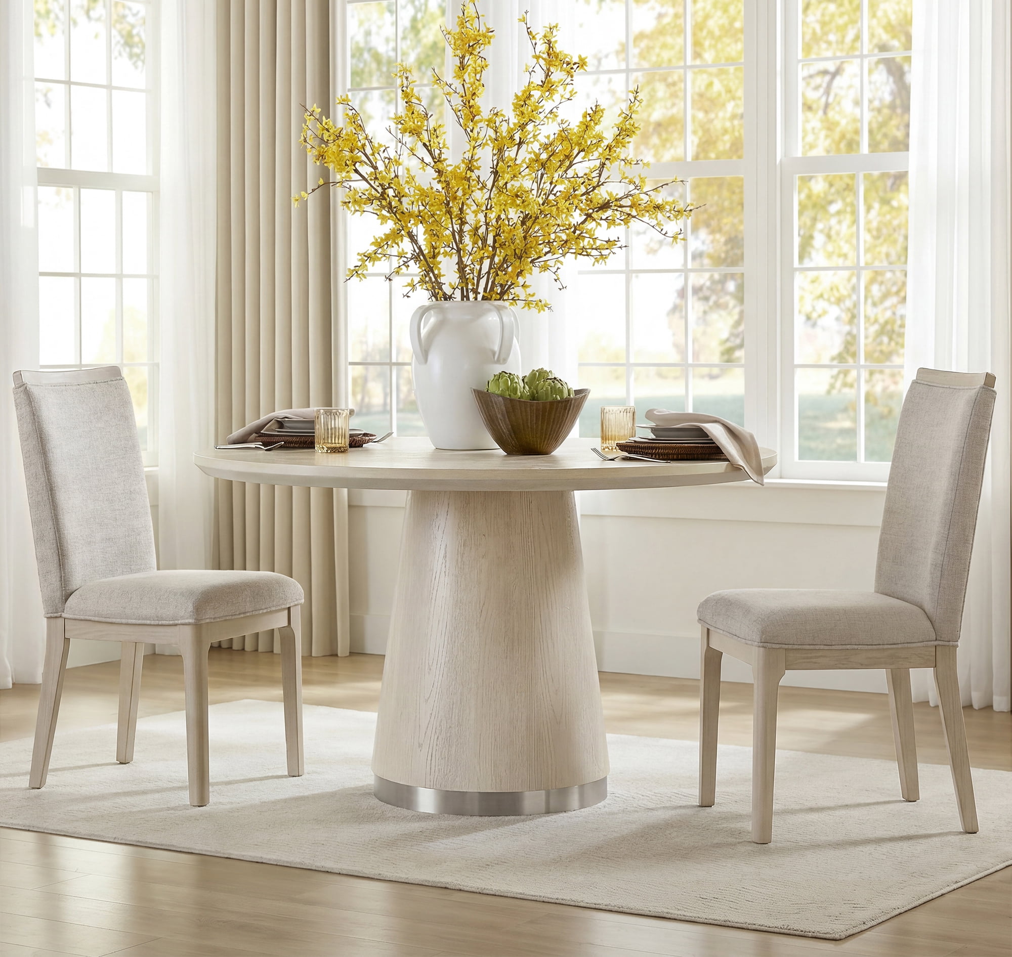 WAMPAT 3 Pieces Dining Room Furniture Set, 43" Round Pedestal Base Kitchen Table and Set of 2 Upholstered Solid Wood Dining Chairs
