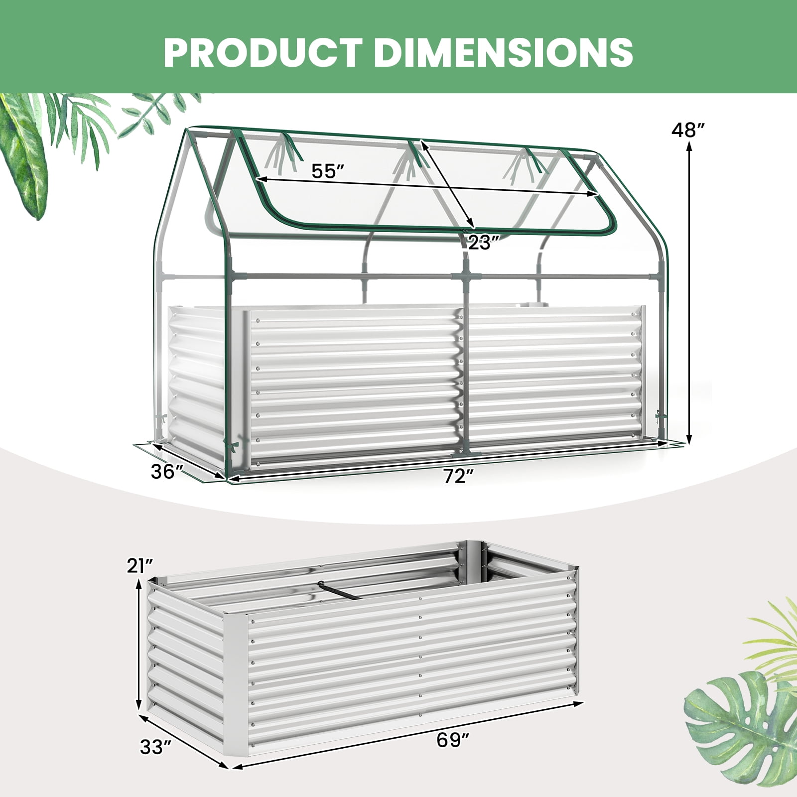 Gymax Galvanized Raised Garden Bed w/ Cover68''x33''x21''Planter Box w/ Mini Greenhouse Sliver & Clear