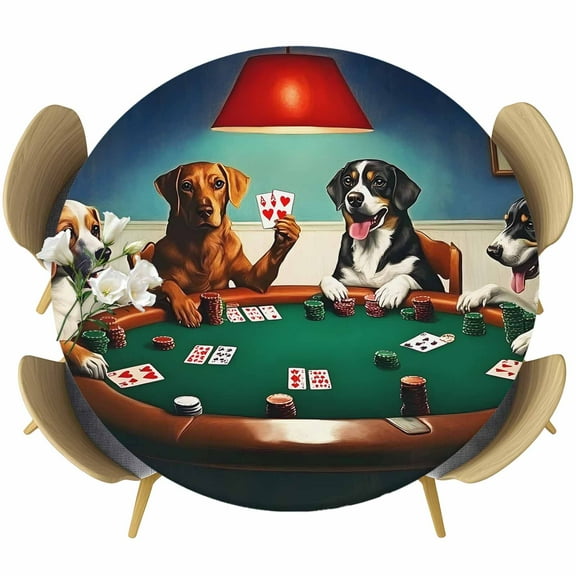 Abstract Animal Round Fitted Table Cover Dog In The Room Playing Poker Games Waterproof Table Cloth with Elastic Edge Wipeable Tablecloth for Picnic Camping Party Fits 36"-44" Diameter
