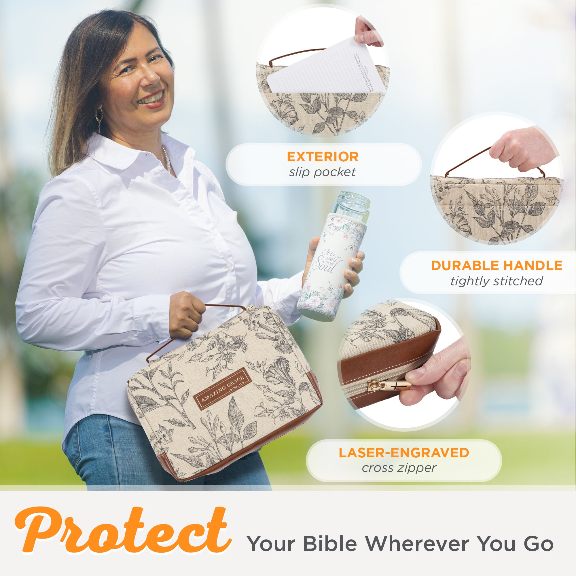Christian Art Gifts Premium Vegan Leather Fashion Bible Cover for Women: Amazing Grace - 2 Cor. 12 Inspirational Scripture, Sturdy Protective Book Carry Case Bag Accessory, Creamy Brown Floral, Medium