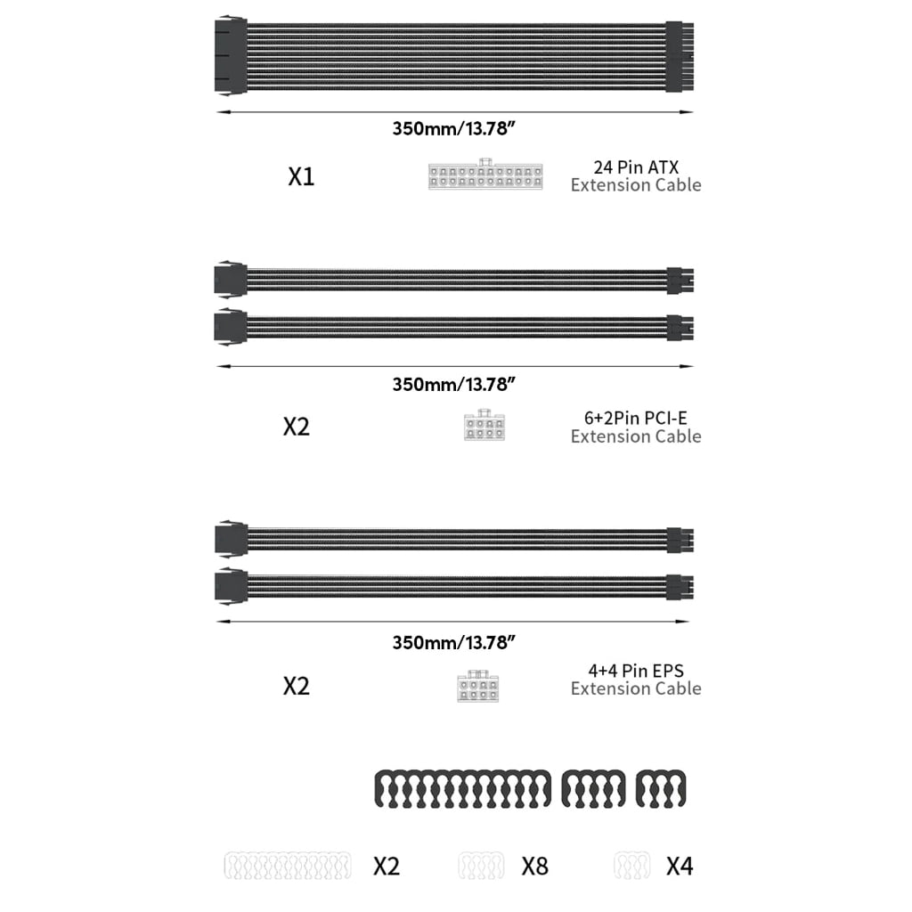 ATX 24 Pin Dual PCIE 6+2 Pin Dual EPS 4+4 Pin PSU Power Extension Cable Cord