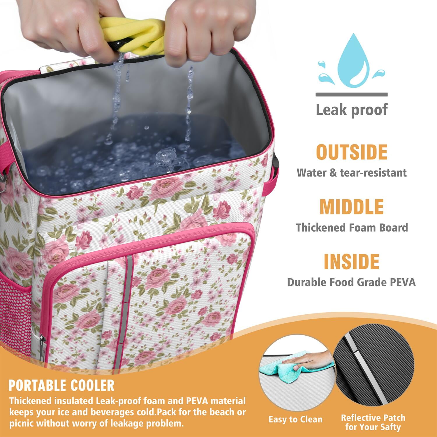 Travel Cooler Bag - Pioneer Flower Floral Print Pattern Camping Beer Cooler Backpack with Bottle Opener- Waterproof Insulated Picnic Backpacks - Cooler Bag for Beach