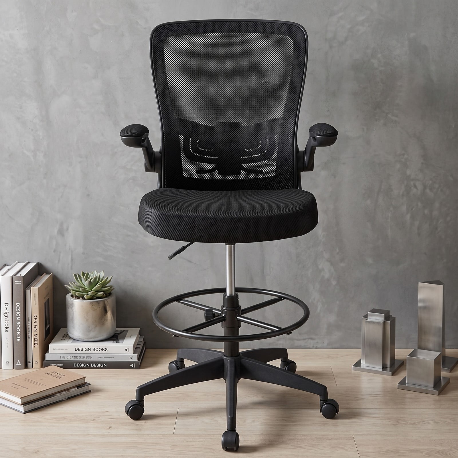 Furnibear Height Adjustable Drafting Chair with Flip-Up Arms, Ergonomic Mesh Back Rolling Task Office Chair with Foot Ring and Adjustable Lumbar Support for, Black
