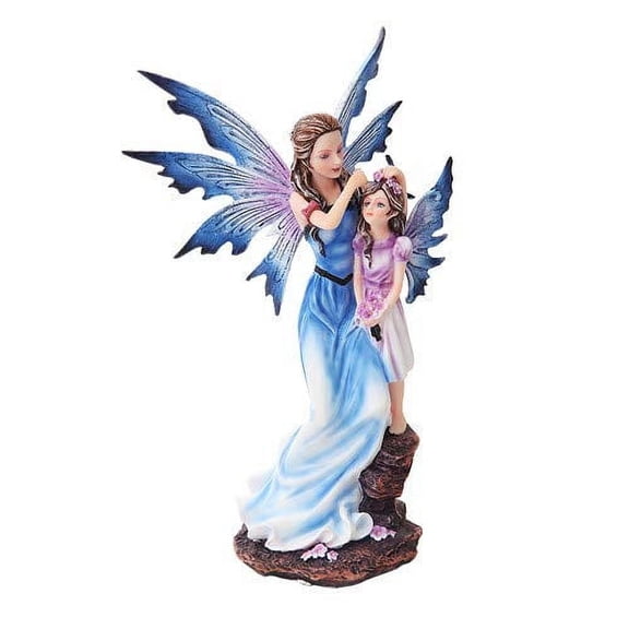 PTC Mother and Young Girl Blue Winged Fairy Statue Figurine, 9 Inch