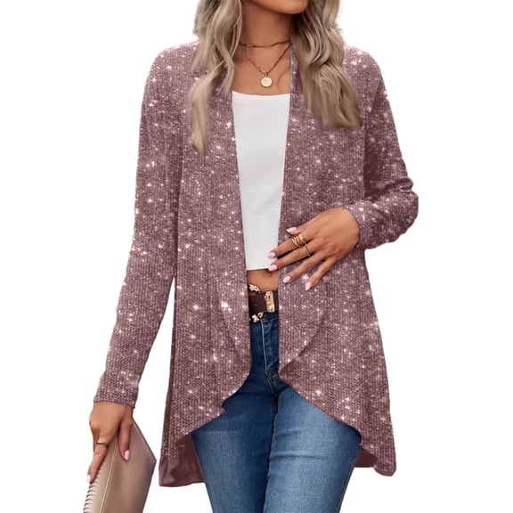 LWavelet Sparkly Longline Open Cardigan Women Loose Fall Casual Stylish Soft Versatile Outerwear Rose Gold S