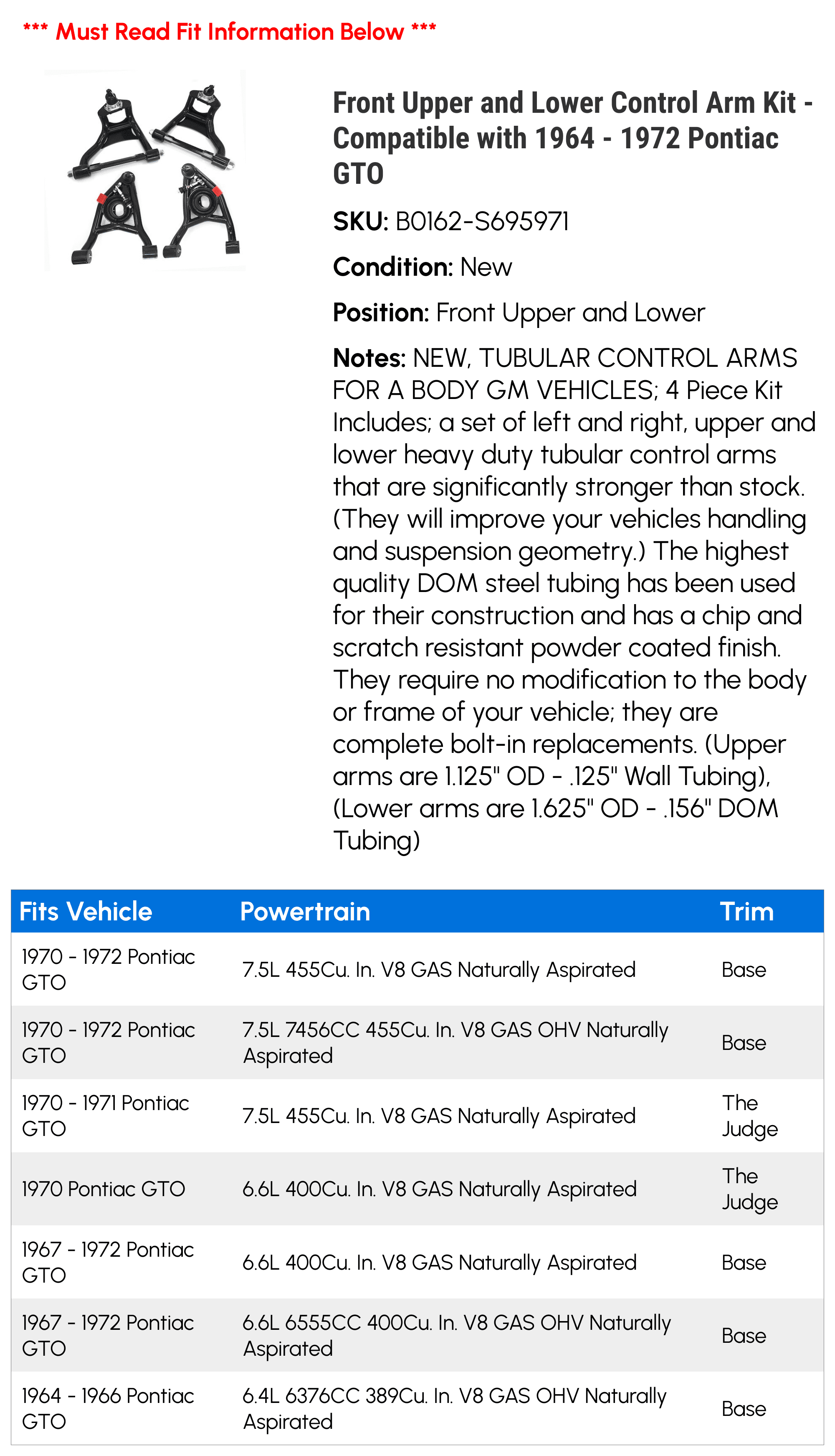 Front Upper and Lower Control Arm Kit - Compatible with 1964 - 1972 Pontiac GTO 1965 1966 1967 1968 1969 1970 1971